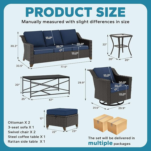 7 Pieces Outdoor Conversation Furniture Set - 77" Patio Sofa, 2 Swivel Rocker Chairs, 2 Ottomans, 1 Side Table, 1 Metal Table, Wicker Couch with Washable Cushions for Balcony (Navy Blue)