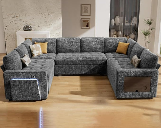 Vipbear 8 Seat U Shaped Modular Sectional Sleeper Sofa with Pull Out Bed/Reclining Backrest/USB Ports/Table/LED Light/Storage Seat, Sectional Sleeper Couch, Tool-Free Assembly, Chenille Dark Grey
