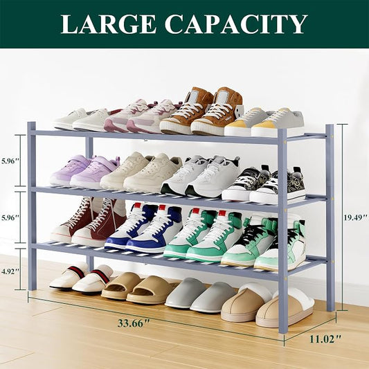 Smiry Long Bamboo Shoe Rack, 3 Tier Free Standing Wooden Shoe Organizer, Stackable Wood Shoe Storage Shelf for Closet, Entryway, 12 Vertical Slats, 2+1 Stack Standard Legs, 33.7"x11"x19.5", Grey