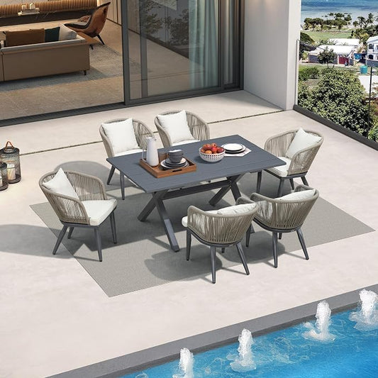 PURPLE LEAF 7 Pieces Patio Dining Set Wicker Outdoor Furniture Rectangular Table and Chairs Set for Garden Deck Aluminum Frame Backyard Kitchen Set, Cushions and Pillows Included Taupe