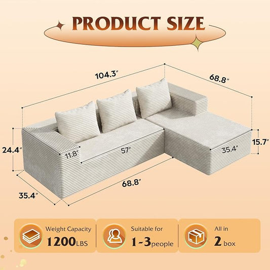WLIVE 104'' Cloud Sectional Couches for Living Room, Modular Boneless Couch with Left Facing Chaise, L Shape Memory Foam Corduroy, with Cushion, Beige
