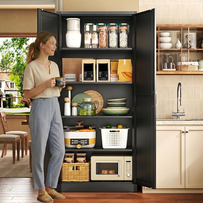 71" Metal Pantry Cabinet,Storage Cabinet with Doors and Shelves | Metal Storage Cabinet,Gold Handles,Adjustable Shelves,Magnetic Doors,Leveling Feet,Anti-tipping,for Kitchen/Garage Black