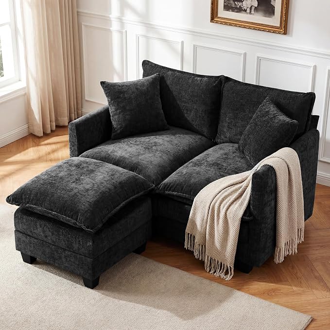 L-Shape Loveseat Sofa Couch with Ottoman, Small 50" Love Seat 27" Deep Cloud Sofa Washable Chenille Pillow for Apartment Bedroom Dorm Attic Studio Office Living Room Small Space 8833-BLACK-L