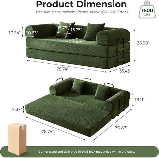 79" 5-in-1 Convertible Sofa Bed No Assembly, Boneless Couch Bed with High Density Foam, Foldable Sleeper Sofa, Corduroy Modular Couch for Apartment, Studio, Dorm Room, Small Space, Olive Green