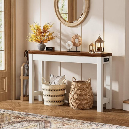 Cyclysio 47" Console Table with Charging Station, 13.8" Deep Farmhouse Sofa Table Behind Couch with 2 AC Outlets & 3 USB Ports, Entryway TV Console or Compact Home Office Desk, Rustic Oak