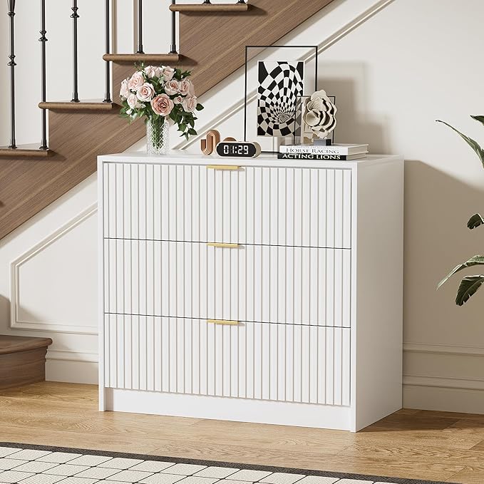 Furniway White Dresser for Bedroom, Modern Dresser with 3 Drawers and Smooth Slides, Wide Chest of Drawers with Golden Handles for Bedroom, Living Room, Closet, 15.7" D x 31.5" W x 29.6" H