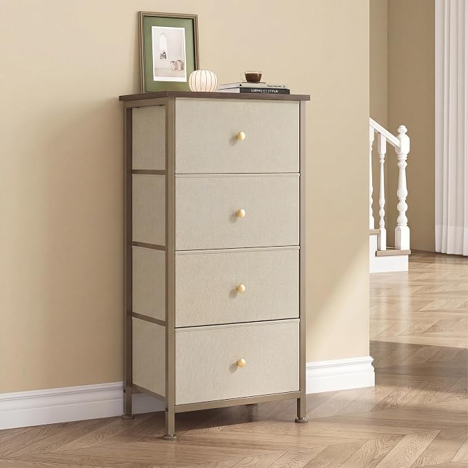 DUMOS Nightstand with 4 Drawers Bedside Table with Removable Fabric Bins Sturdy Steel Frame Wood Top Organizer Furniture for Bedroom Closet Living Room, Khaki