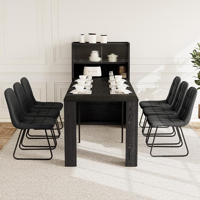 HIPIHOM Dining Table Set for 6, Extendable 86.6" with Storage | Space-saving MDF Kitchen Table with 6 Upholstered U-shaped Black Chairs, Ideal for Apartment, Living Room