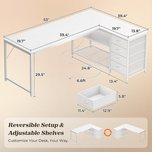 PRAISUN 53" L Shaped Desk with Power Outlets & USB-C Port, Reversible Computer Corner Office Desk with 4 Fabric Drawers and 2 Storage Shelves, Large Desk for Gaming Writing Work Study, White