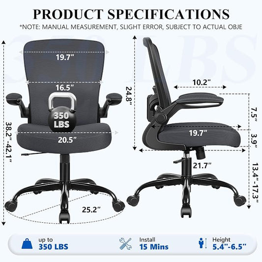 FelixKing Office Chair, Ergonomic Desk Chair Breathable Mesh Chairs Adjustable High Back Lumbar Support Flip-up Armrests, Executive Rolling Swivel Comfy Computer Chairs Home Office Dark Gray