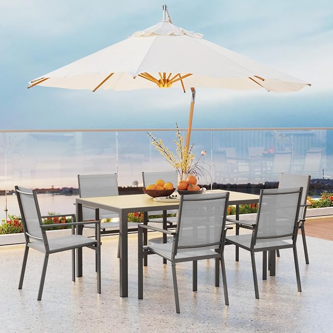 Ahomly Patio Table and Chairs Set for 6, Outdoor Dining Set Includes 59.5" Rectangle Patio Table with Side Umbrella Hole and 6 Textilene Fabric Patio Chairs for Courtyard, Backyard, Pool, Grey&Brown