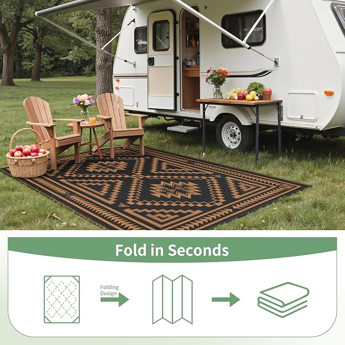 GENIMO Outdoor Rug for Patio Clearance - 5x8 ft Waterproof Plastic Camping Rugs, Reversible Outside Rv Mat Carpet for Porch, Deck, Picnic, Balcony, Beach, Backyard, Black Orange