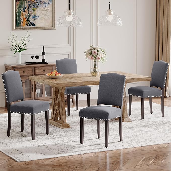 Upholstered Parsons Dining Chairs Set of 4, Modern Dining Room Chairs with Back, Fabric Kitchen Side Chairs with Wood Legs, Nailhead Trim for Dinner Farmhouse Restaurant, Darkgrey