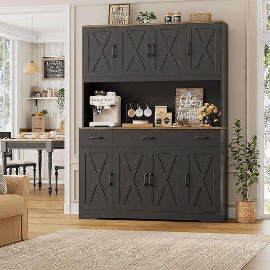 HOSTACK 71" Tall Pantry Cabinet with Charging Station, 55" Wide Kitchen Pantry Storage Cabinet with Countertop, Large Kitchen Hutch with Storage Drawers and Microwave Stand for Dining Room, Black
