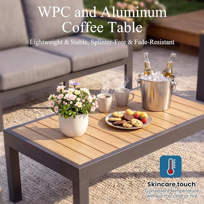 3-Piece Balcony Patio Furniture Set, Gray Aluminum Outdoor Chair Set with 2 Single Patio Chairs & Coffee Table, 1.5mm Thick Rustproof Frame, Waterproof Removable Cushions for Small Balcony Front Porch
