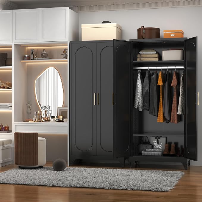 Polup Metal Armoire Wardrobe Closet with Doors and Shelves, 71" Tall Wardrobe Closet with Hanging Rod, Freestanding Clothes Cabinets, Steel Wardrobes for Bedroom, Home Office, Employee, Black