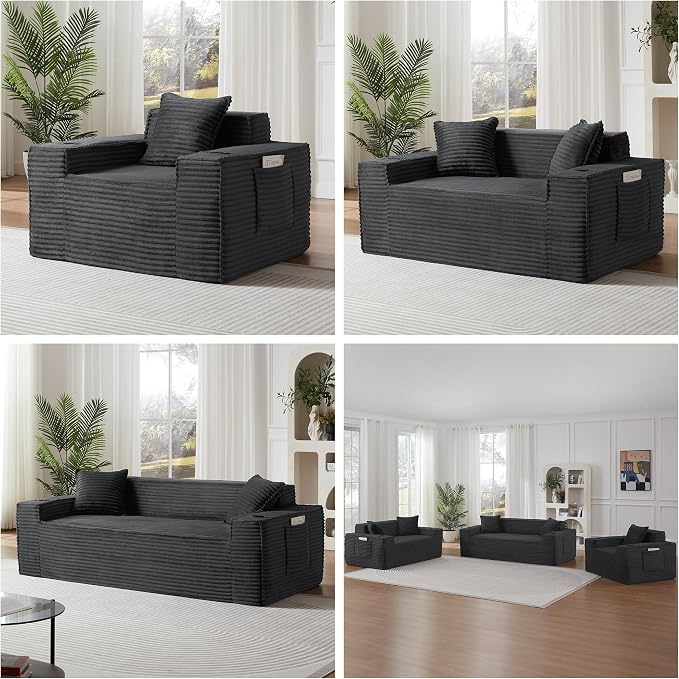 Boneless Sofa Couch with Cup Holders & Side Pockets, Modern Corduroy Fabric Deep Seat Single Cloud Couch for Reading Living Room Office, No Assembly (Grey)