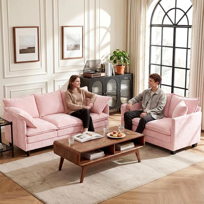 Loveseat Sofa Couch, Small Mini Compact 50" Love Seat 27" Deep Cloud Sofa Seat Washable Chenille Pillow for Apartment Bedroom Dorm Attic Studio Office Living Room Small Space 8833-PINK