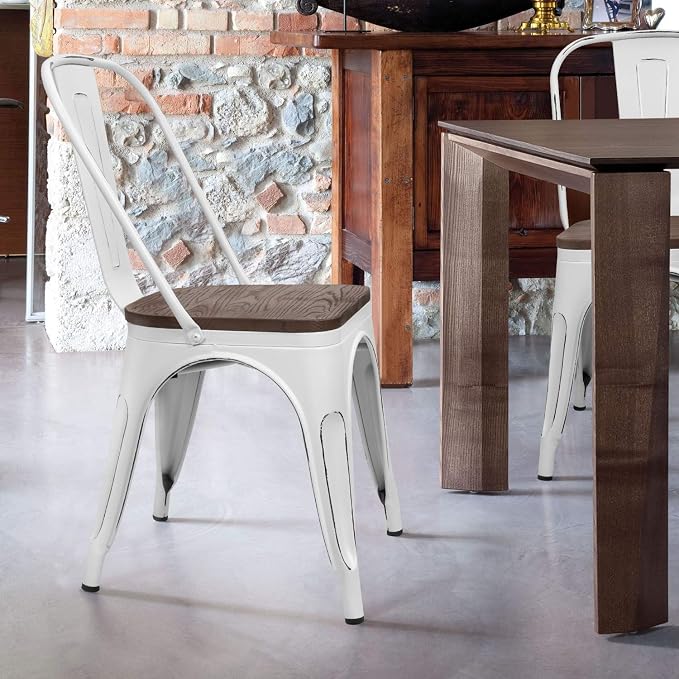 Furmax Metal Dining Chairs with Wood Seat, Indoor-Outdoor Use Stackable Chic Dining Bistro Cafe Side Metal Chairs Set of 4(White)
