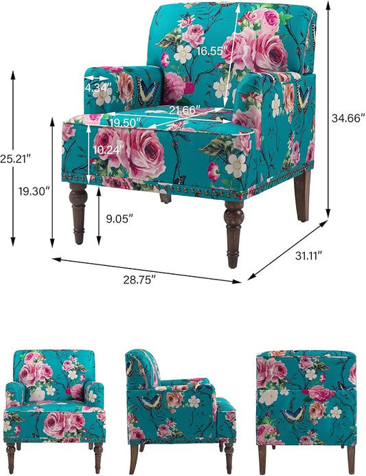 Accent Chair, Mid Century Modern Comfy Armchair for Living Room, Linen Fabric Single Sofa Lounge for Reading Bedroom Apartment Waiting Room with Wood Legs (Floral, Set of 1)