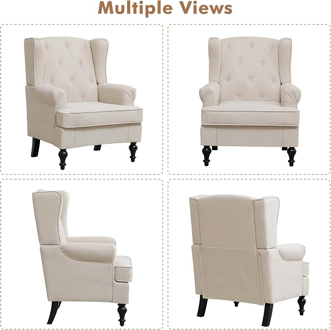 Accent Chair for Living Room, Mid Century Modern Upholstered Armchair, Wingback Chair with Tufted High Back and Solid Legs, Comfy Single Sofa Side Chairs for Bedroom, Khaki