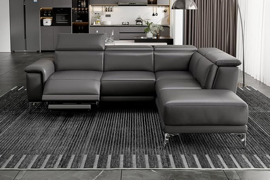 Valencia Pista Geniune Leather Reclining Sectional Sofa with Right Hand Chaise -| Power Recliner Chair, Nappa 11000 Leather | L Shaped Couch for Living Room Furniture, Cloudy Grey
