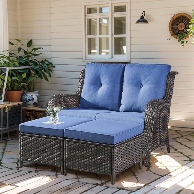 Outdoor Loveseat Sofa - 3 Piece Patio Furniture with Ottoman Deep Seating Patio Couch for Porch Deck Garden Backyard - Brown/Blue