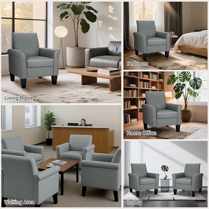 Mid-Century Modern Accent Chair, Overstuffed Leather Chairs for Living Room,Upholstered Comfy Club Chair Fake Faux Leather Armchair for Bedroom Apartment Office Lounge, PU Leather, Grey