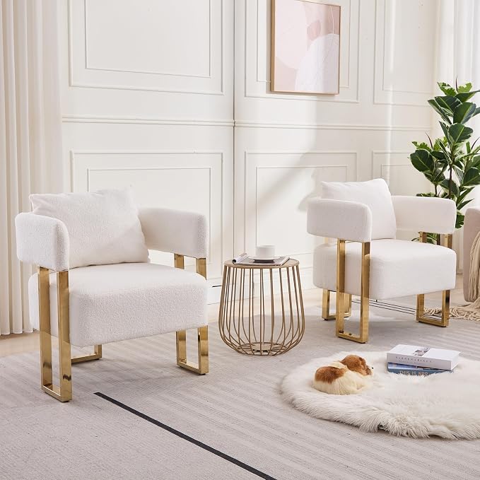 YISHENG Modern Barrel Accent Chairs Set of 2, Living Room Side Chairs with Golden Metal Legs Soft Upholstered Reading Armchairs no Wheels for Vanity/Reception Room//Bedroom/Lounge/Office, White Teddy