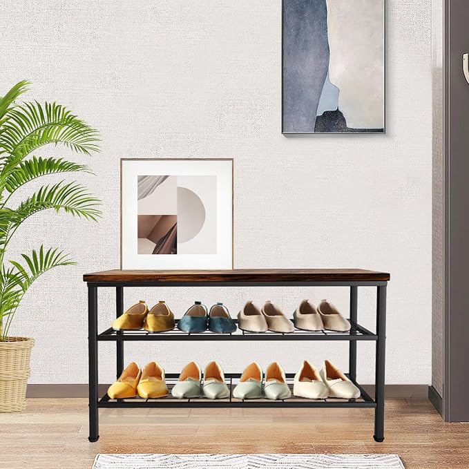 3-Tier Metal Shoe Rack with Wood Top - Durable & Space-Saving Shoe Organizer,Industrial Shoe Organizer Shelf Bench Storagefor Closet Entryway, Bedroom & Hallway - Bronze + Black 28.5 W × 18" H