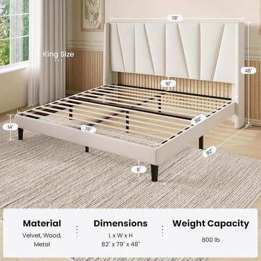 SHA CERLIN King Size Velvet Bed Frame with Geometric Wingback Headboard, Upholstered Platform Bed with Wooden Slats Support, 8" Under-Bed Space, No Box Spring Needed, Easy Assembly, Cream