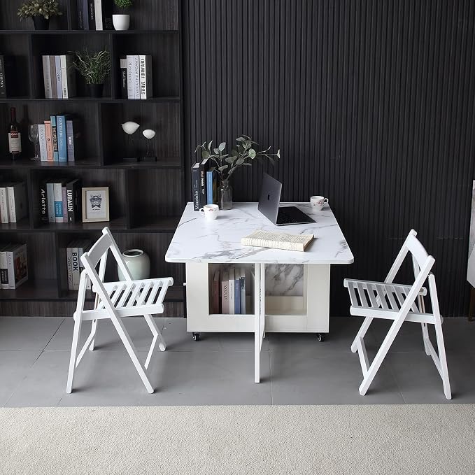 FUNROLUX Folding Dining Table with Rack and 2 Storage Drawers, Movable Extendable Space Saving Kitchen Table in 3 Forms (White)