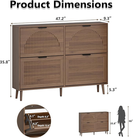 BORNOON Shoe Cabinet for Entryway with 4 Flip Drawers, Slim Wooden Shoe Storage Organizer with Modern Fluted Pannel,Freestanding Narrow Hidden Shoe Rack for Hallway, Foyer, Living Room