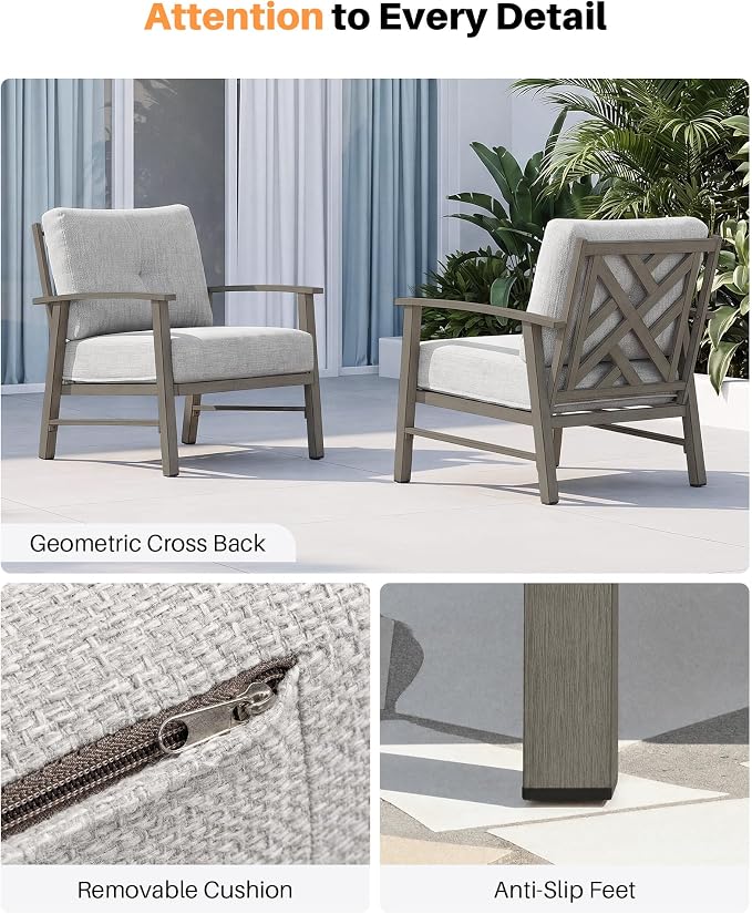 2 Pieces Outdoor Patio Chairs, Outdoor Aluminum Armchair Conversation Set with Thick Cushions, All Weather Patio Furniture Sofa Chairs Set for Garden, Poolside, Lawn, Limed Oak