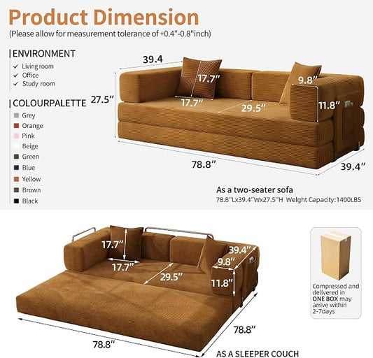 78.8" Convertible Sofa Bed with Armrest Pillow, 4-in-1 Sleeper Couch Bed for Livingroom, Modular Corduroy Boneless couches, No Assembly (Yellow)