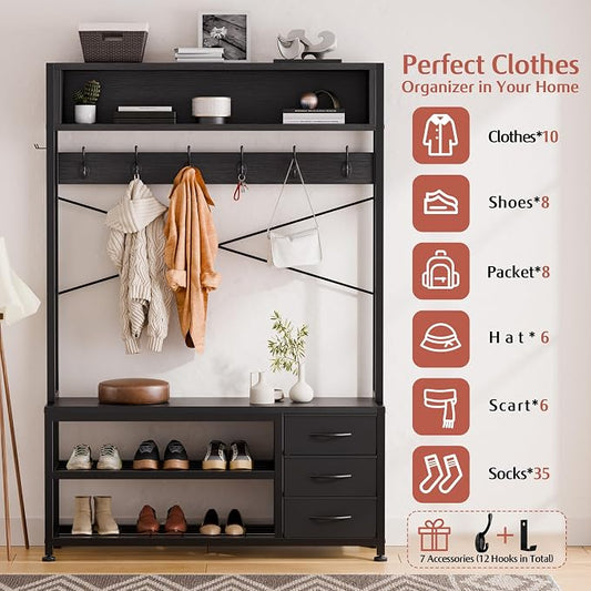 Lulive Hall Tree with 3 Drawers, Industrial Entryway 39.4" Coat Rack Shoe Bench, Freestanding Mudroom Organizer with 12 Hooks, Top Shelf Storage (Black)