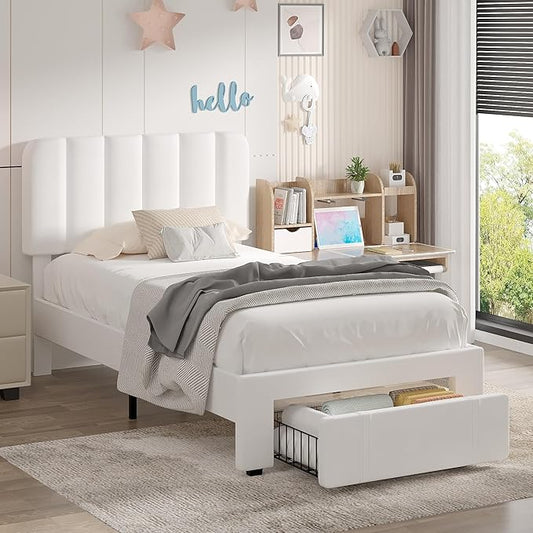 VECELO Twin Size Upholstered Bed Frame with Drawer and Headboard, Velvet Platform Storage Bedframe, Wooden Slats Support, No Box Spring Needed, White