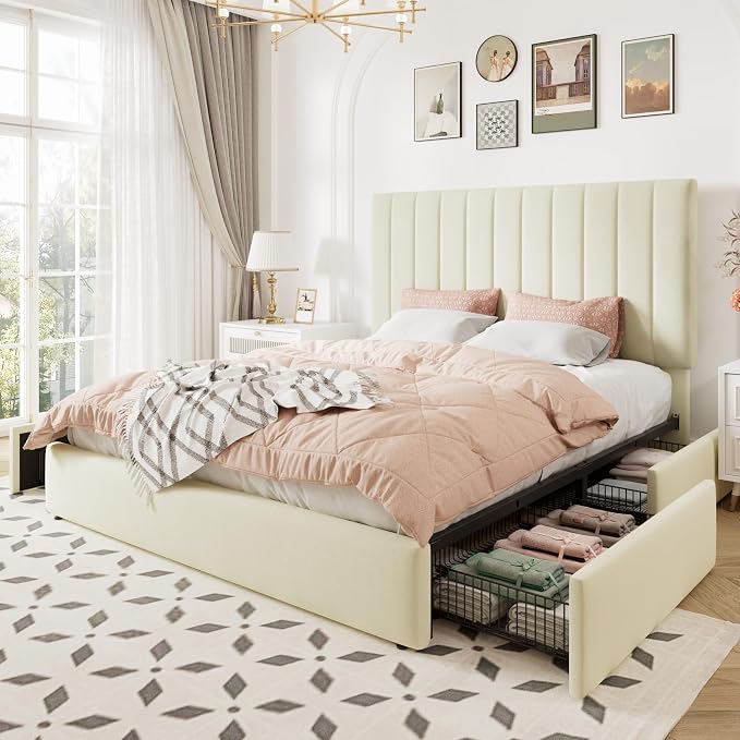 Allewie Full Size Storage Bed Frame, Vertical Channel Tufted Adjustable Headboard, Velvet Upholstered Platform Bed with 4 Oversized Underbed Drawers, Wooden Slats Support, No Box Spring Needed, Cream