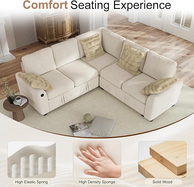 Hanherry Sectional Couch with Pull Out Sofa Bed,Chenille Sleeper Sofa with 2 Seat Storage & USB Charging,Comfy L Shaped Modular Couches for Living Room,Apartment