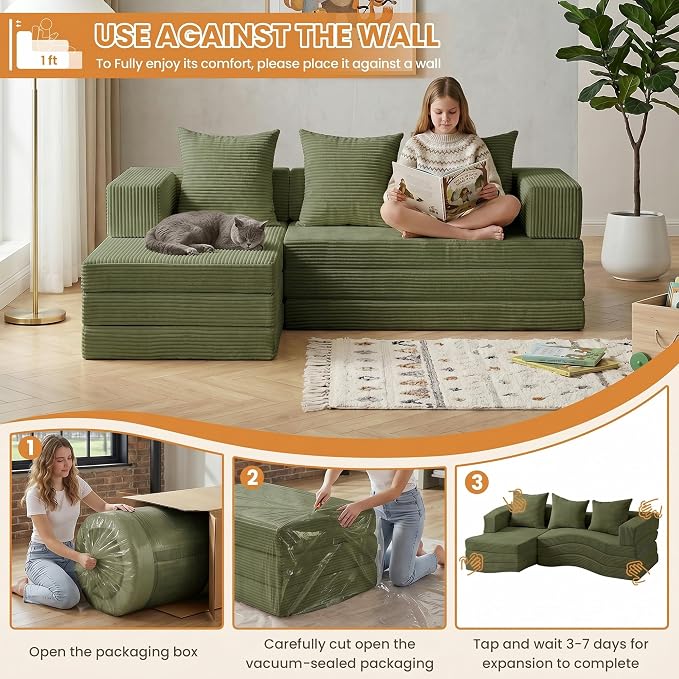 65" Modular Sectional Sofa, Boneless Convertible Sleeper Sofa Bed, Modern Tri-Folding Cloud Couch with L-Shape Chaise, Corduroy Futon Couches for Small Spaces Apartment,No Assembly,Green