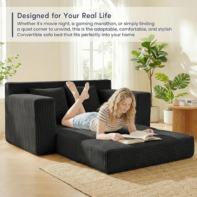 cidludto Boneless Couch Loveseat Sleeper, Convertible Sofa Bed Folding Couch Bed Foldable, 2 in 1 Boneless Chair Bed & Futon Sofa Bed, Small Pull Out Sofa with 4 Pillows for Living Room, Black