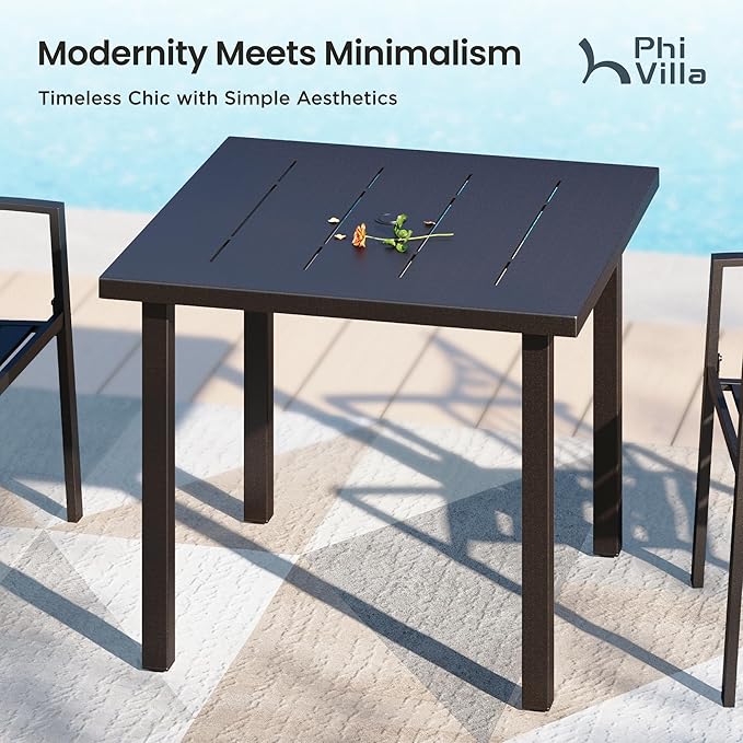 PHI VILLA 5 Piece Metal Outdoor Table and Chairs, 34.2" Metal Square Table with Umbrella Hole & Stackable Wrought Iron Chairs, All Weather Large Furniture Set for Patio, Deck, Backyard, Porch - Black