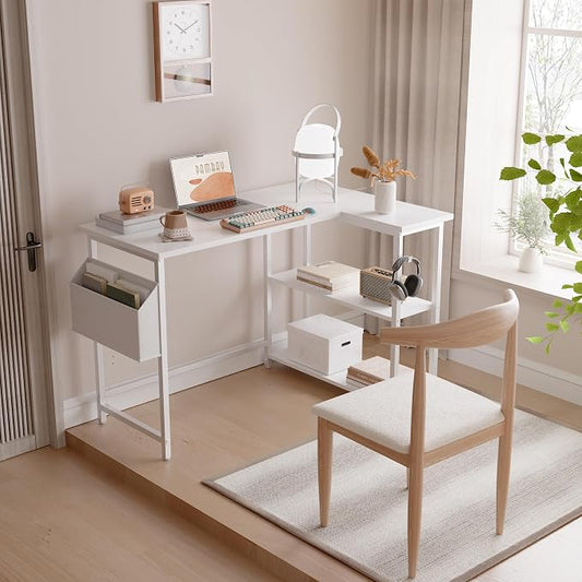 Pamray 40 Inch L Shaped Computer Desk with Reversible Side Storage Shelves, Small Corner Desk for Small Space Home Office, Writing Study Table PC Desk for Bedroom, White