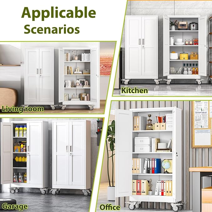 Metal Garage Storage Cabinet with Wheels, Rolling Storage Cabinet with Lock, Steel Cabinets with 2 Doors and 3 Adjustable Shelves for Garage, Home,Office, White
