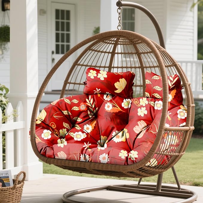 Double Egg Chair Cushion Replacement Waterproof for Outdoor Patio Hanging Basket Egg Chairs, 59x43-Inch Thickened 100% Cotton Large Double Eggs Swing Chair Cushions, Red Peony