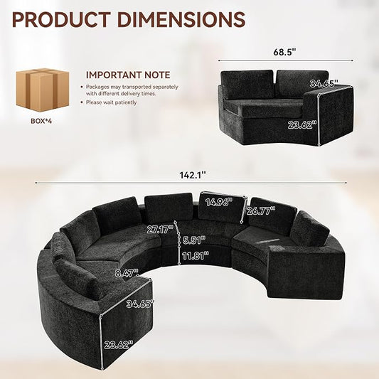 WUTUTUEE 142'' Curved Round Boneless Couch, Oversized Half Moon Sofa with Deep Seat & Arms, Chenille Modular Sectional Sofa with Pillows, Upholstered Comfy 8 Seat Couch for Living Room, Black