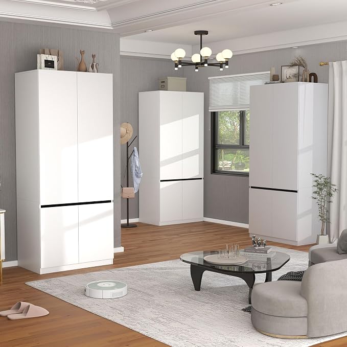 White Armoire Wardrobe Closet: 74" Wooden Wardrobe Closet with 6 Doors, Bedroom Armoires with Hanging Rod, Tall Closets Cabinet for Hanging Clothes (94.5")