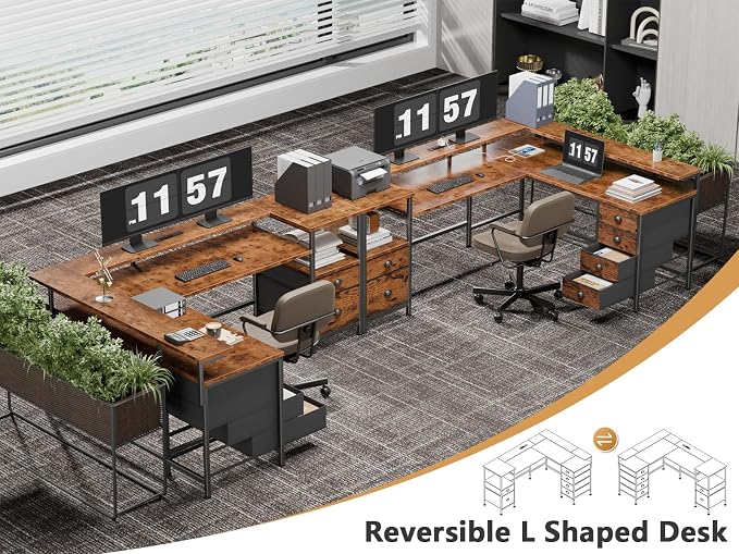 Furologee 66" Reversible L Shaped Gaming Desk with 6 Drawers & Printer Storage Shelves, Corner Computer Desk with Power Outlets & LED Lights, Home Office Table with Monitor Stand, Rustic Brown