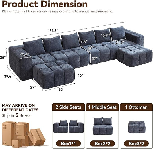 160" Boneless U-Shaped Sofa Couch with 2 Ottoman, 6 Seater Comfy Cloud Sectional Sofas with Deep Seat, Oversized Chenille Sectional Memory Foam Couches for Living Room Bedroom, Tufted Sofa, Blue