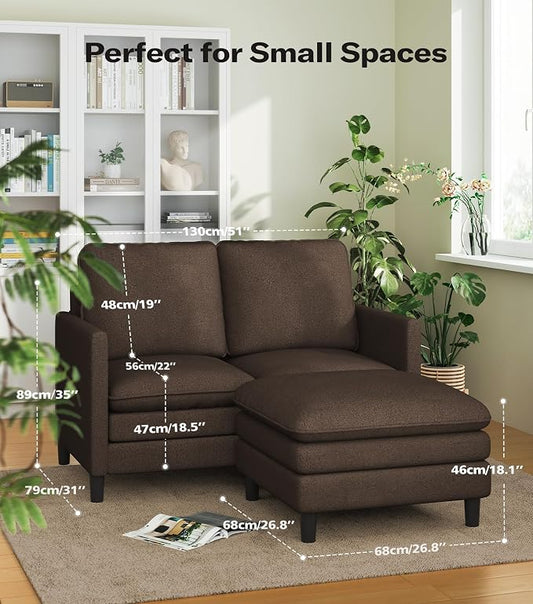 Welzona 3-Layers Cloud L Shaped Couch, 51" Loveseat Sofa Living Room, Bedroom - Tool-Free Assembly with Teddy Fabric Small L Shape Sofa - Brown - Removable Washable Covers - 650lbs Capacity